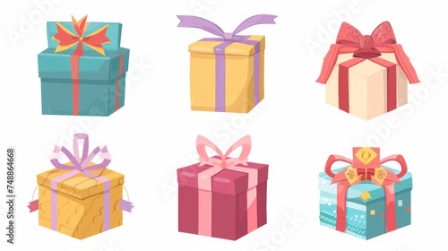 Gift boxes, presents with ribbon isolated on white. Vector colorful wrapped in flat style. Concept for Birthday, Christmas, Sale, shopping. 