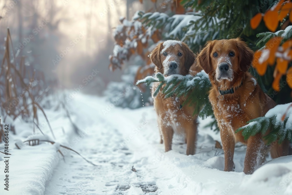Two golden retrievers with snowflakes on their fur walking on a snowy path surrounded by wintry foliage