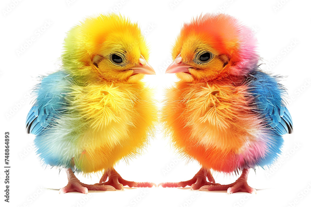 Rainbow feathers, cute chicks, clear canvason a transparent background. 