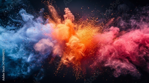 An explosion of colored powder on a black background freezes in motion.