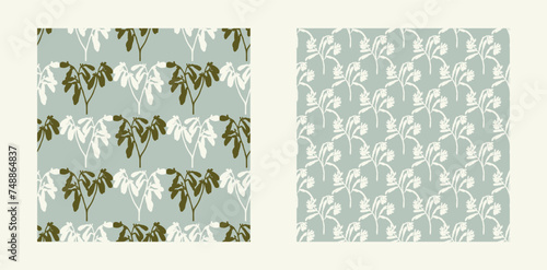 Modern botanical minimal wildflower vector pattern set. Summer gender neutral pressed flower silhouette background. Simple nature floral paper cut out wallpaper for wedding, hedgerow decor repeat.