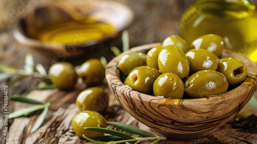 Green marinated olives, olive oil on a wooden table  photo