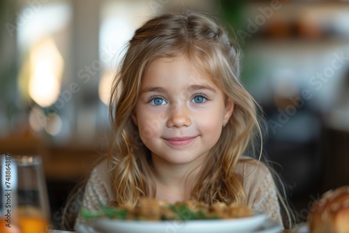An adorable young girl with big blue eyes has a meal in front of her, looking innocently at the camera