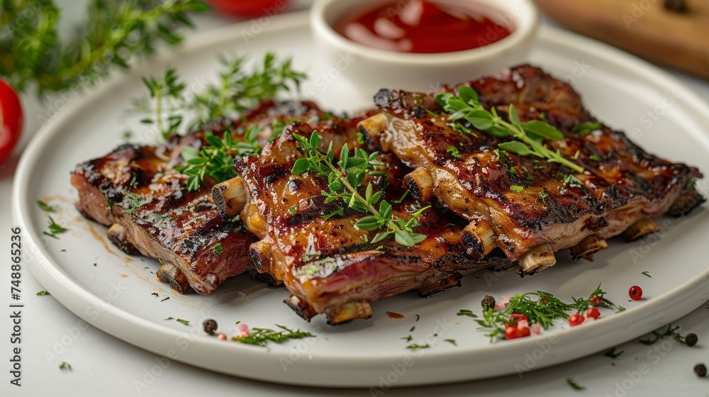 a white plate topped with grilled pork ribs and ketchup . High quality 