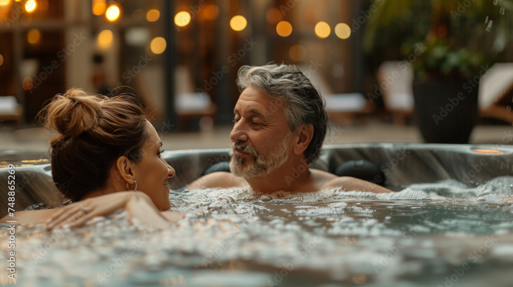 A serene and intimate moment of a couple enjoying a relaxing soak in a hot tub during a calm evening setting