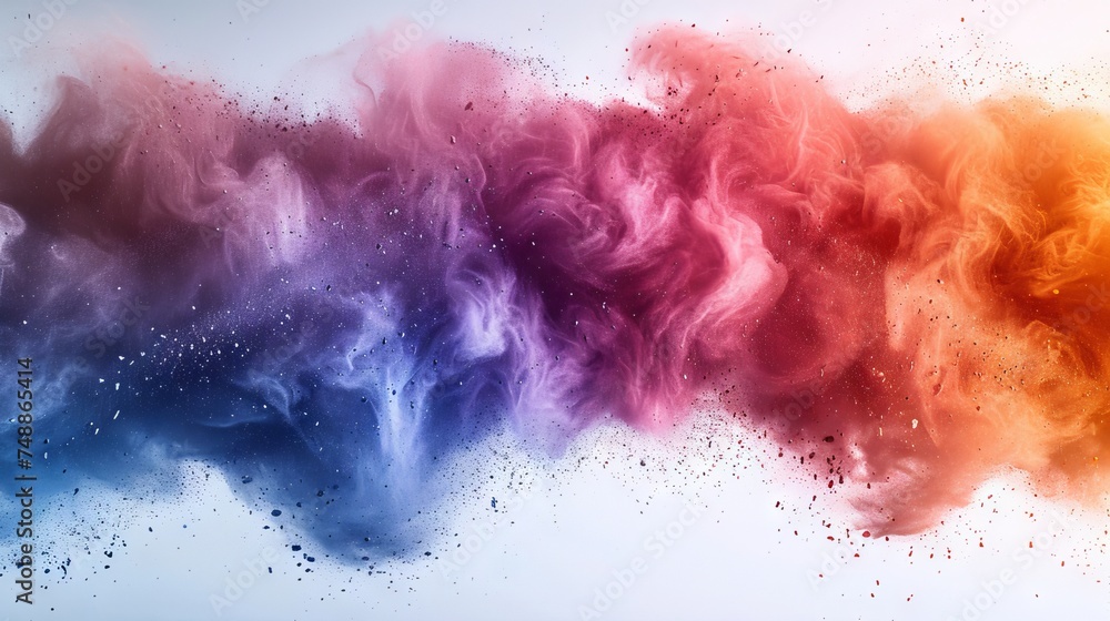 Powder splattered background. Colorful powder explosion on white background. Coloured cloud. Colorful dust explodes. Holi paintings.