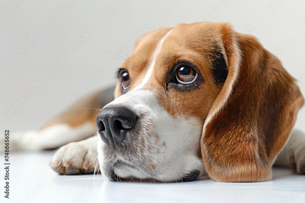 Beagle dog lies down isolated on a white background, gazing with a gentle expression. Beagle dog studio lighting concept. Beagle dog lies down isolated on a white background, gazing with a gentle expression. Beagle dog studio lighting concept.