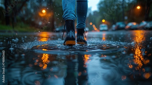 a child in colorful boots walks through a puddle.