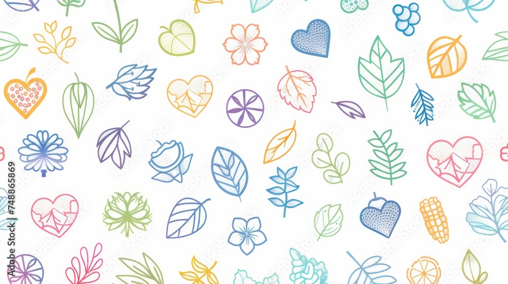 leaf icons pattern seamless white background. Included editable line heart flower, corn, Grape, bamboo, tree, flower, cherry icons. leaf icons for web and mobile. 