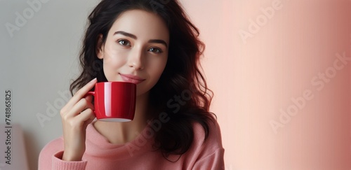 Woman holding and drinking a cup of coffee