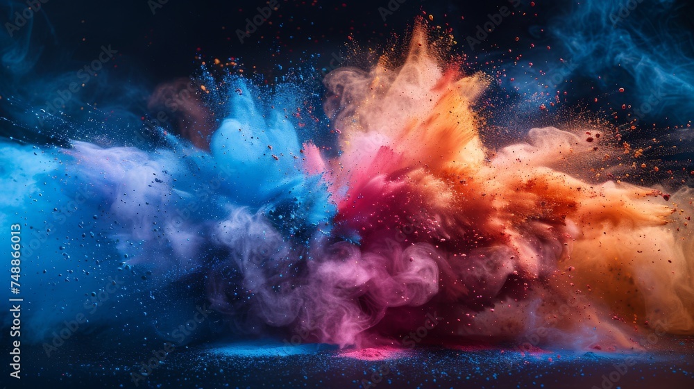 Paint holi explosion with colored powder. Abstract closeup dust on a backdrop.