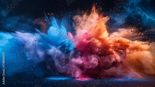 Paint holi explosion with colored powder. Abstract closeup dust on a backdrop.