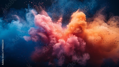 An explosion of colored powder on a gradient dark background. The motion is frozen. © DZMITRY