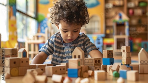 Playing with wooden toy blocks in kindergarten or preschool 