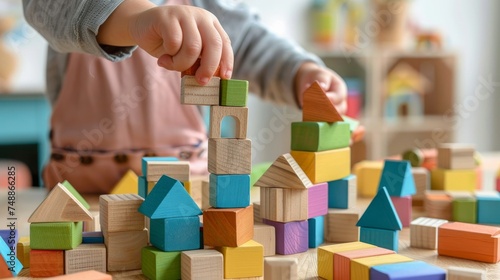 Playing with wooden toy blocks in kindergarten or preschool  photo