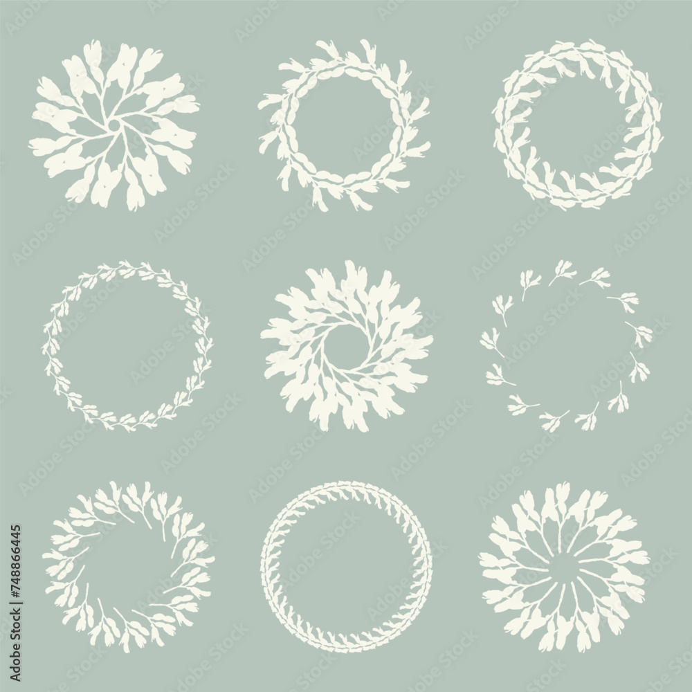 Handmade linocut organic vector wreath in whimsical scandi style. Folkart natural woodland frame with woodcut effect for digital monochrome artwork. Handmade linocut organic vector wreath in whimsical scandi style. Folkart natural woodland frame with woodcut effect for digital monochrome artwork.
