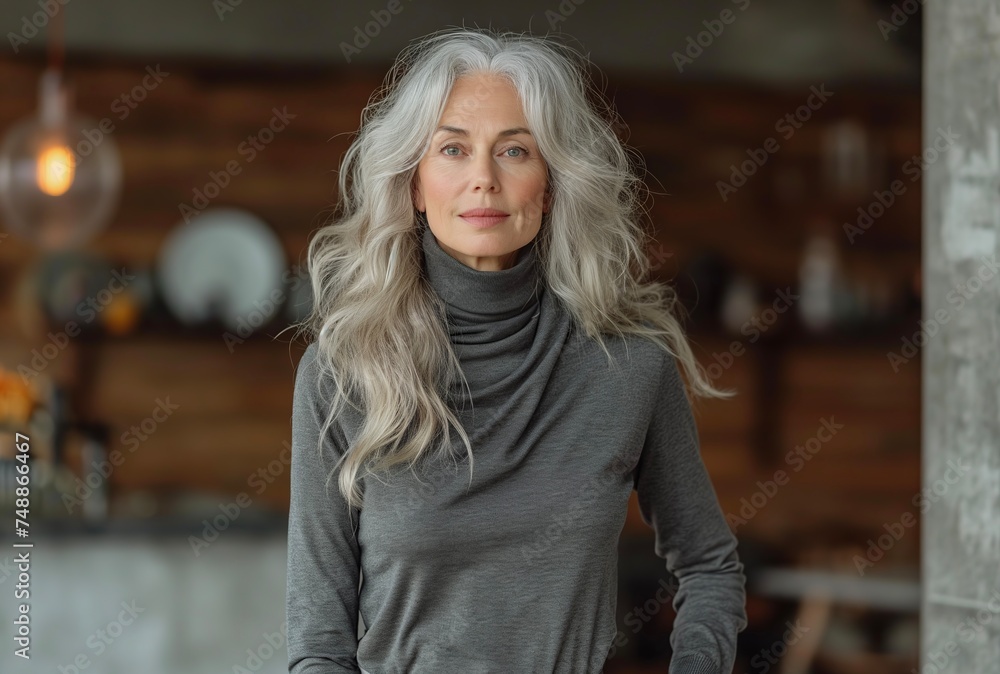 Elegant Silver Hair Woman. Stylish woman with long, graceful silver hair in a cozy, modern setting.
