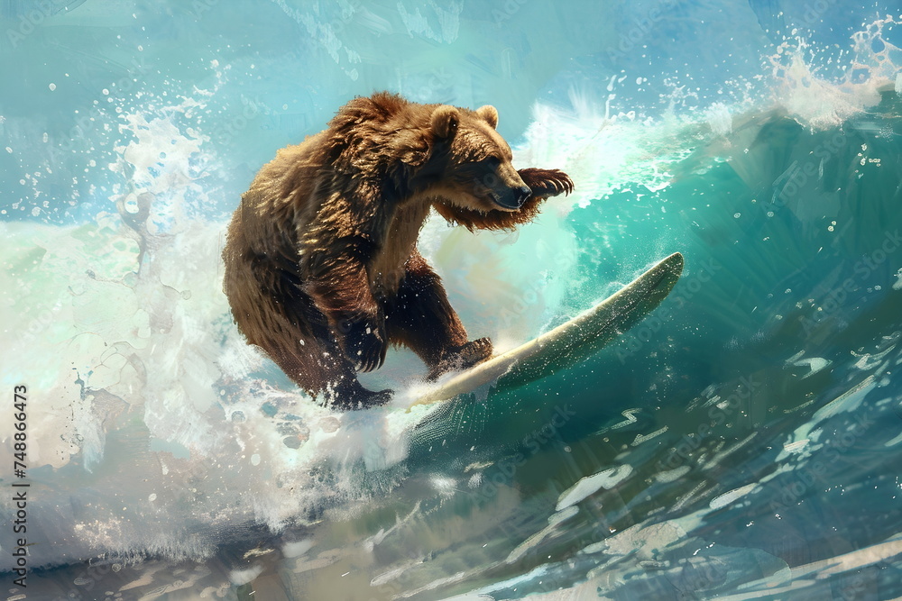 A grizzly bear literally surfing on water - obrazy, fototapety, plakaty 