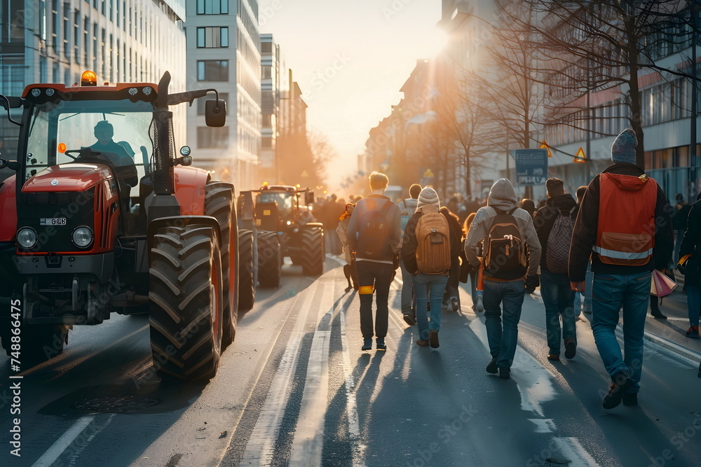 A row of tractors blocking the road due to protests - obrazy, fototapety, plakaty 