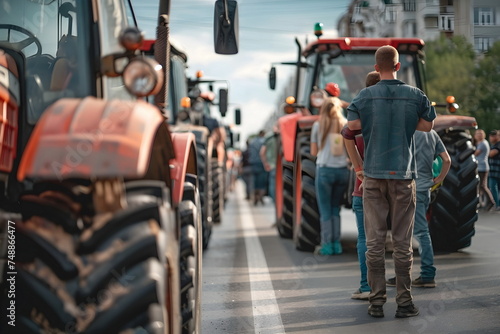 A row of tractors blocking the road due to protests