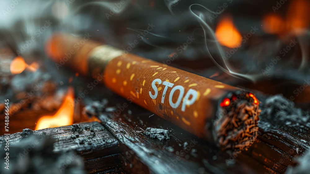 Close-up Of A Cigarette And Wooden Blocks on wooden table. Word "STOP" is signed on that blocks. lung health concept. No smoking,generative ai - obrazy, fototapety, plakaty 