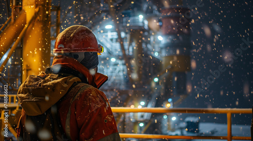 Industrial Worker in Snow Overlooking Nighttime Oil Refinery