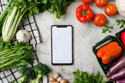 A blank mobile phone screen surrounded by vegetables on a kitchen counter
