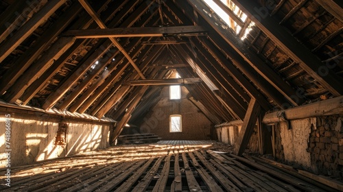 Abandoned Loft: Sunlight Peeks Through Dusty Attic of Old House