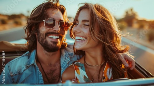A fun and adventurous photo of a couple on a road trip, sitting in a colorful...