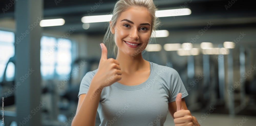 Confident Woman Giving Thumbs Up at Gym