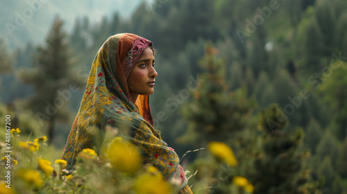 A contemplative young woman in a traditional dress gazes into the distance while standing in a lush forest, evoking thoughtfulness and culture