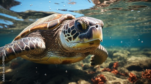 Hawaiian Green Sea Turtle swimming underwater © suryanto