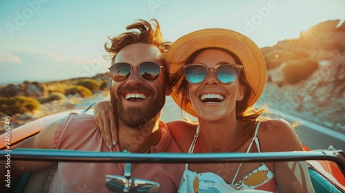 A fun and adventurous photo of a couple on a road trip, sitting in a colorful...