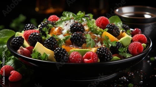 Healthy salad with fresh fruits and vegetables on a black background.