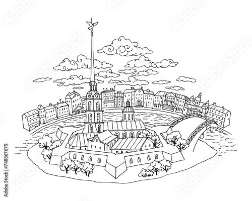 Peter and Paul Fortress on Zayachy Island in St. Petersburg. The embankment of the Neva River. Vector illustration in black ink, isolated on a white background. photo