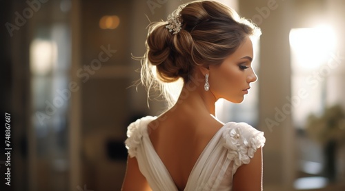 a bride with her hair pulled into a top knot.