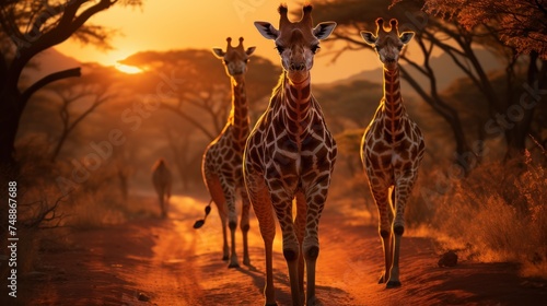 Giraffes on safari road at sunset