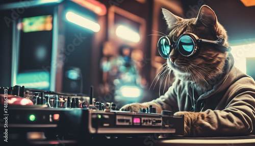 Cool Cat DJ Mixing Tracks at Nightclub Scene Generative AI © kinomaster