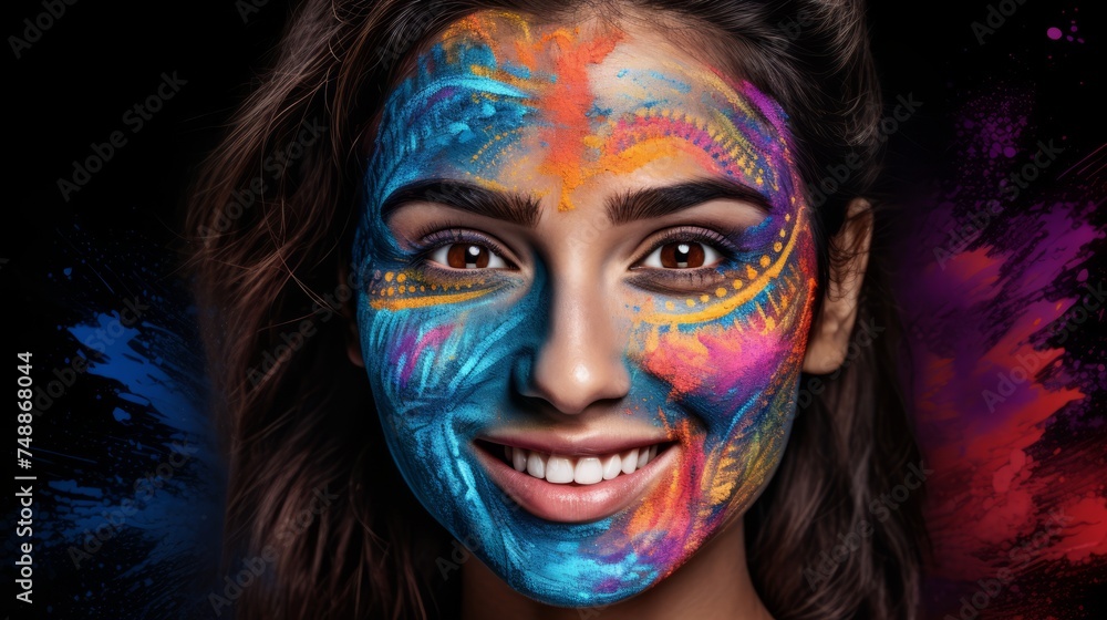 Portrait of a beautiful young woman with a painted face on a black background. Portrait of a beautiful young woman with a painted face on a black background.