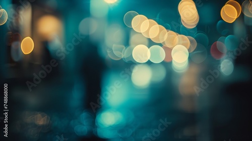 Street life in the evening or night, blurred bokeh photo of a street at night, abstract out of focus citylife in the evening, lonely person walking in a street