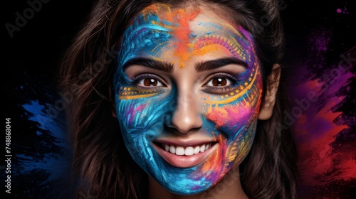 Portrait of a beautiful young woman with a painted face on a black background.