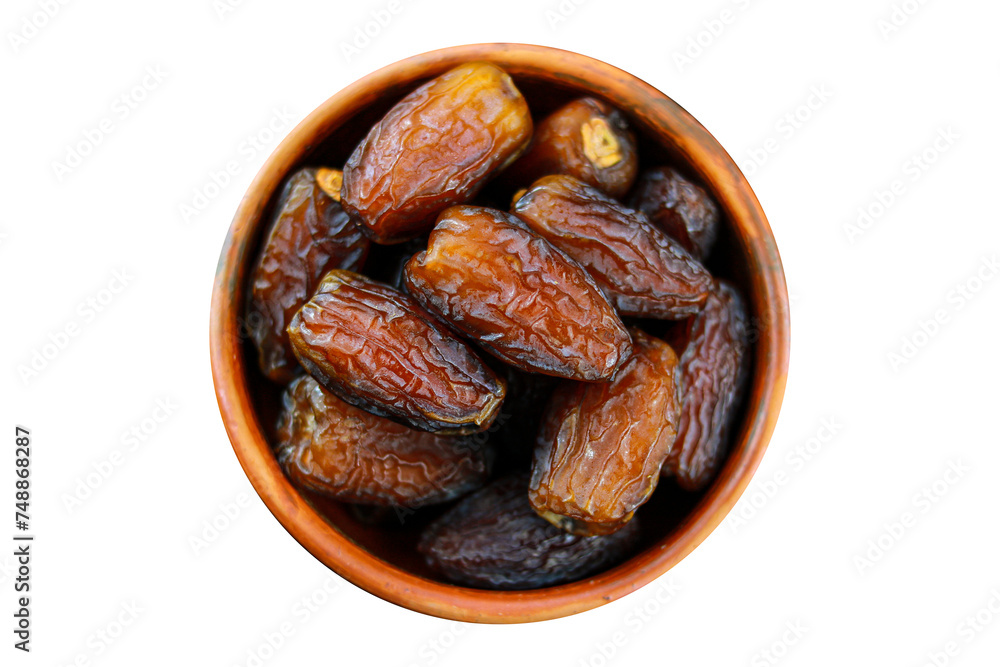 Dates fruit in a clay bowl isolated on a transparent background, Top view Dates fruit in a clay bowl isolated on a transparent background, Top view