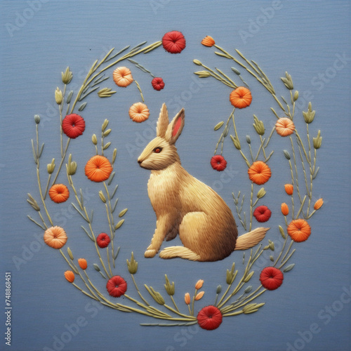 Embroidery of a wild rabbit sitting in a meadow surrounded by flowers. Gray hare in natural habitat embroidered on blue fabric. AI-generated