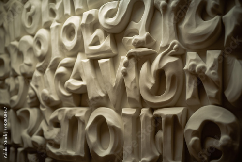 A white plaster bas-relief of deformed, strange letters on a wall. A close-up of a gibberish text as a part of an artwork. AI-generated