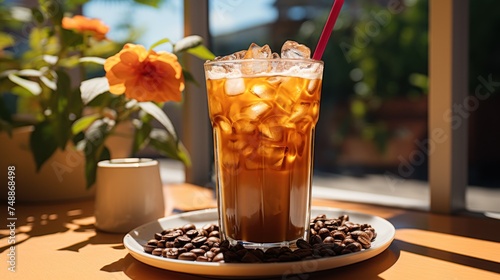 Glass of cold brew with straw and coffee beans on color table against white background photo
