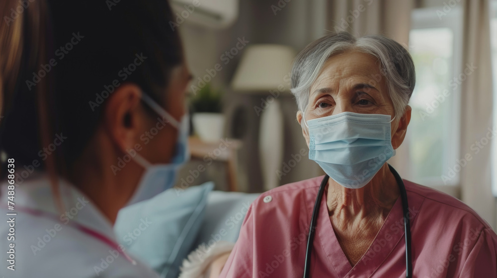 Depiction of compassionate in-home healthcare with a female nurse assisting an elderly patient, signifying care and support
