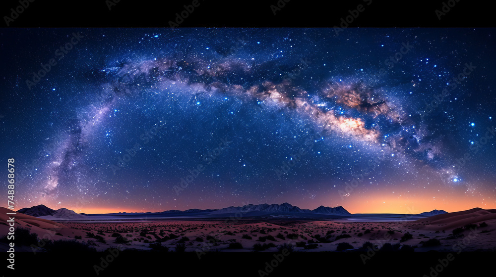 The image captures the breathtaking view of the Milky Way stretching above a serene desert with silhouetted mountains in the background