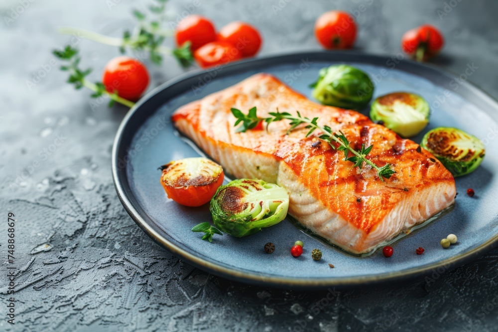 Delicious salmon fillet with grilled Brussels sprouts on plate, rustic stone background top view. Delicious salmon fillet with grilled Brussels sprouts on plate, rustic stone background top view.