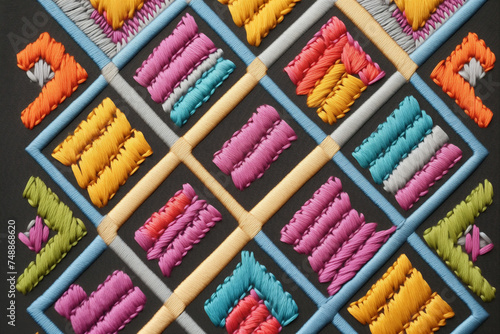A close-up of colorful decorative embroidery on a gray background. Rhombuses of yellow and blue creating an abstract geometric pattern. AI-generated