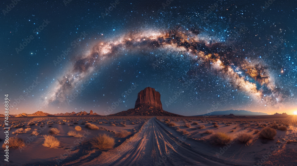 A stunning panoramic night sky with the Milky Way stretching over a majestic desert formation and horizon at dusk
